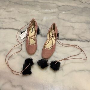 NWT Zara Pink Lace-Up Shoes with Black Faux Fur Heels and Pom Poms